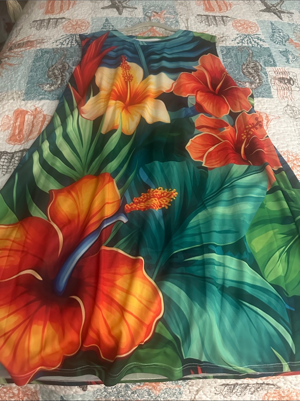 Tropical Hibiscus Floral A-Line Dress in Green and Orange